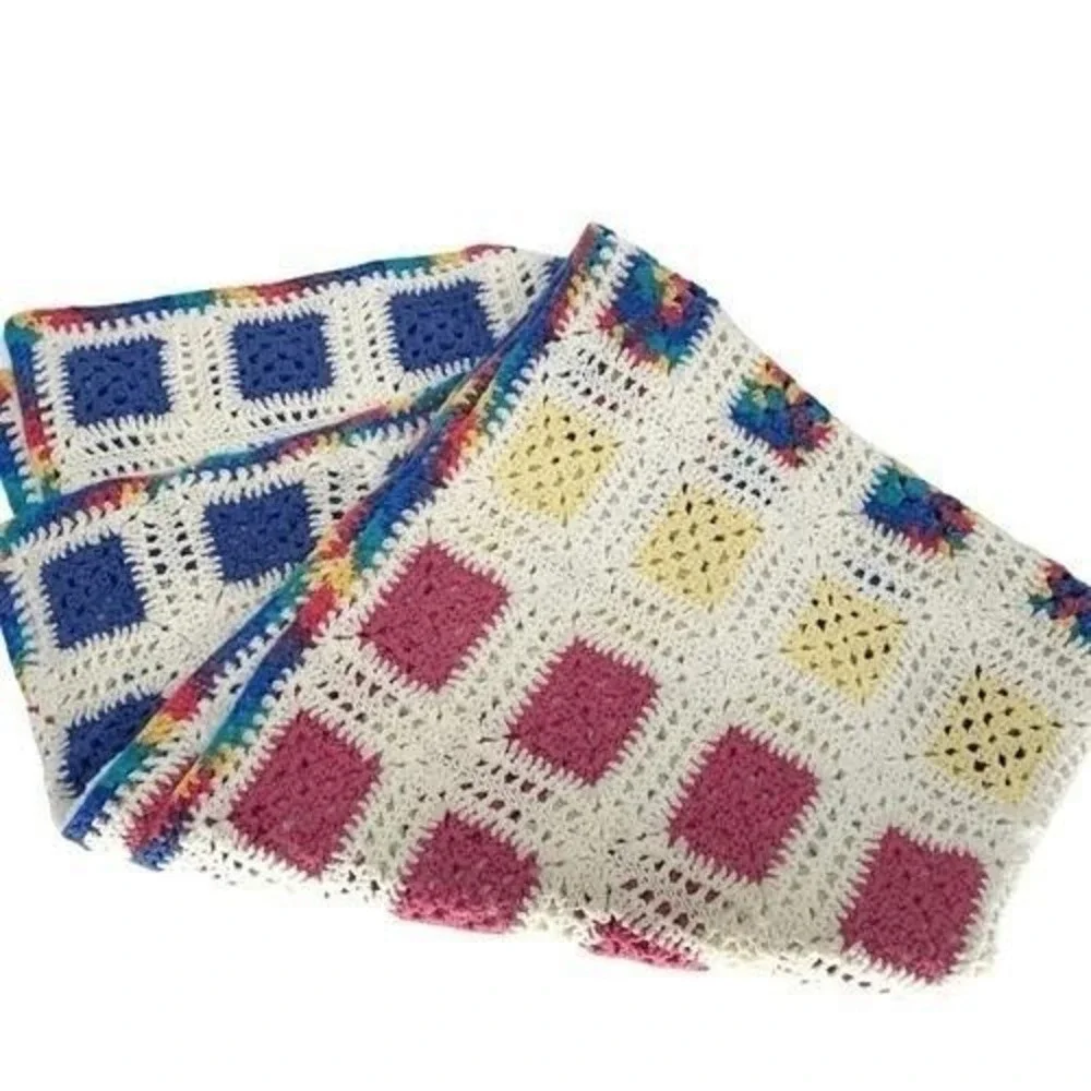 Handmade Crochet‎ Granny Square Blanket White Pink Blue Boho Cottagecore Throw